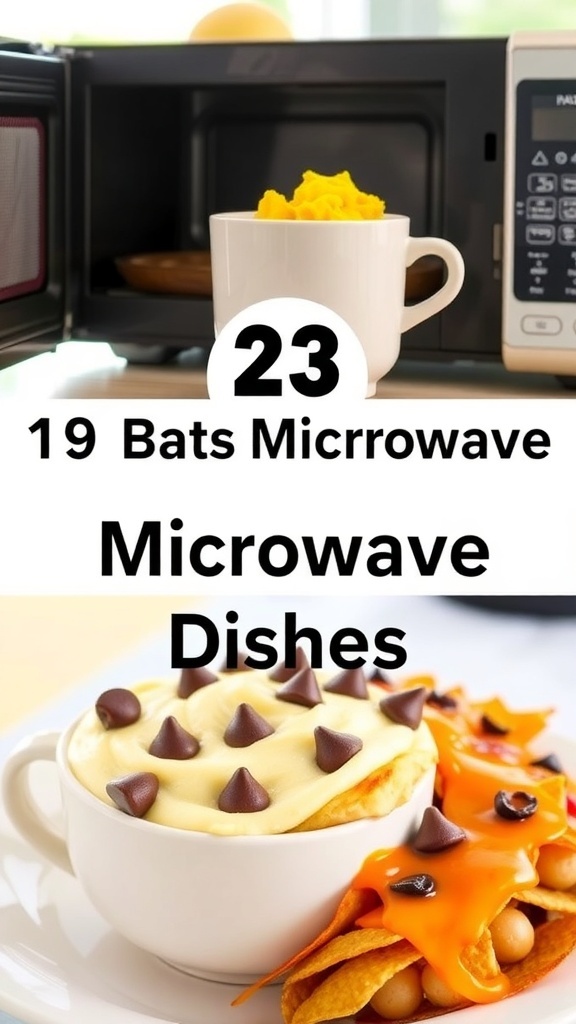 Creative Microwave Cooking Ideas A variety of microwave dishes including scrambled eggs, mug cake, and nachos.